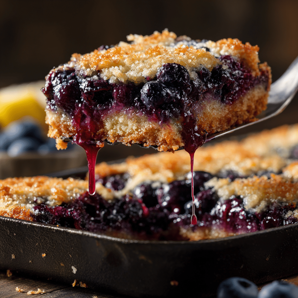 A lemon blueberry shortbread bar being lifted from the pan, with gooey lemon filling and blueberries.