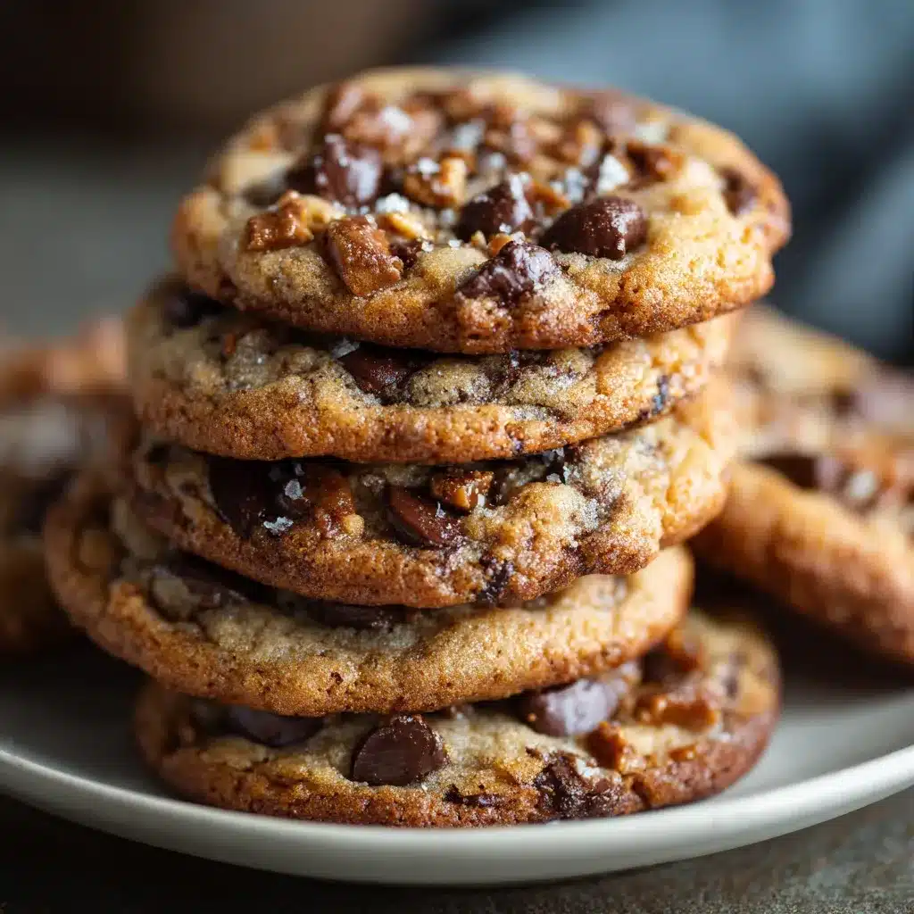 Stack of brown butter toffee chocolate chip cookies with milk in the background.