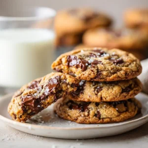 Rustic stack of brown butter toffee chocolate chip cookies with gooey chocolate and toffee bits.