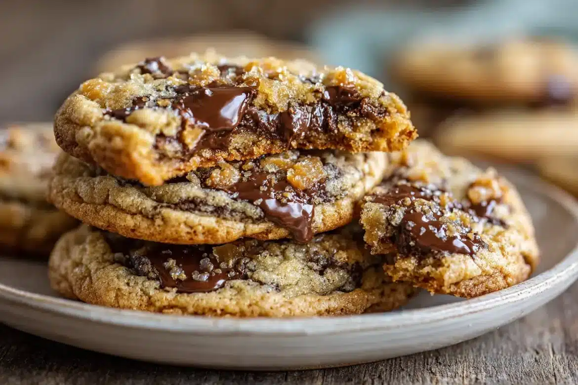 Close-up of brown butter toffee chocolate chip cookies with gooey chocolate and crunchy toffee bits, stacked on a white plate.