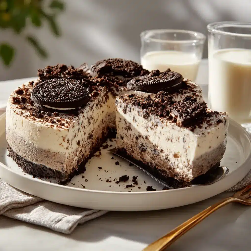 Cookies and cream mousse cake slice being served with a glass of milk.