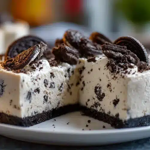 Close-up of cookies and cream mousse cake showing the creamy mousse layer and crunchy cookie crust