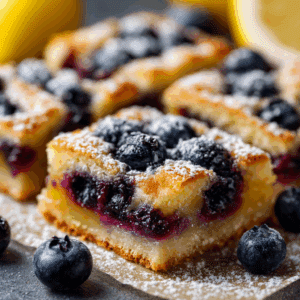 Lemon blueberry shortbread bars cut into squares with lemon filling and blueberries, dusted with powdered sugar.