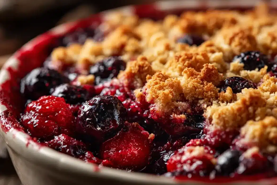 A close-up of homemade mixed berry crumble with golden oat topping, bubbling berries, and a rustic white dish.