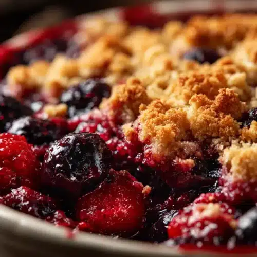 A close-up of homemade mixed berry crumble with golden oat topping, bubbling berries, and a rustic white dish.