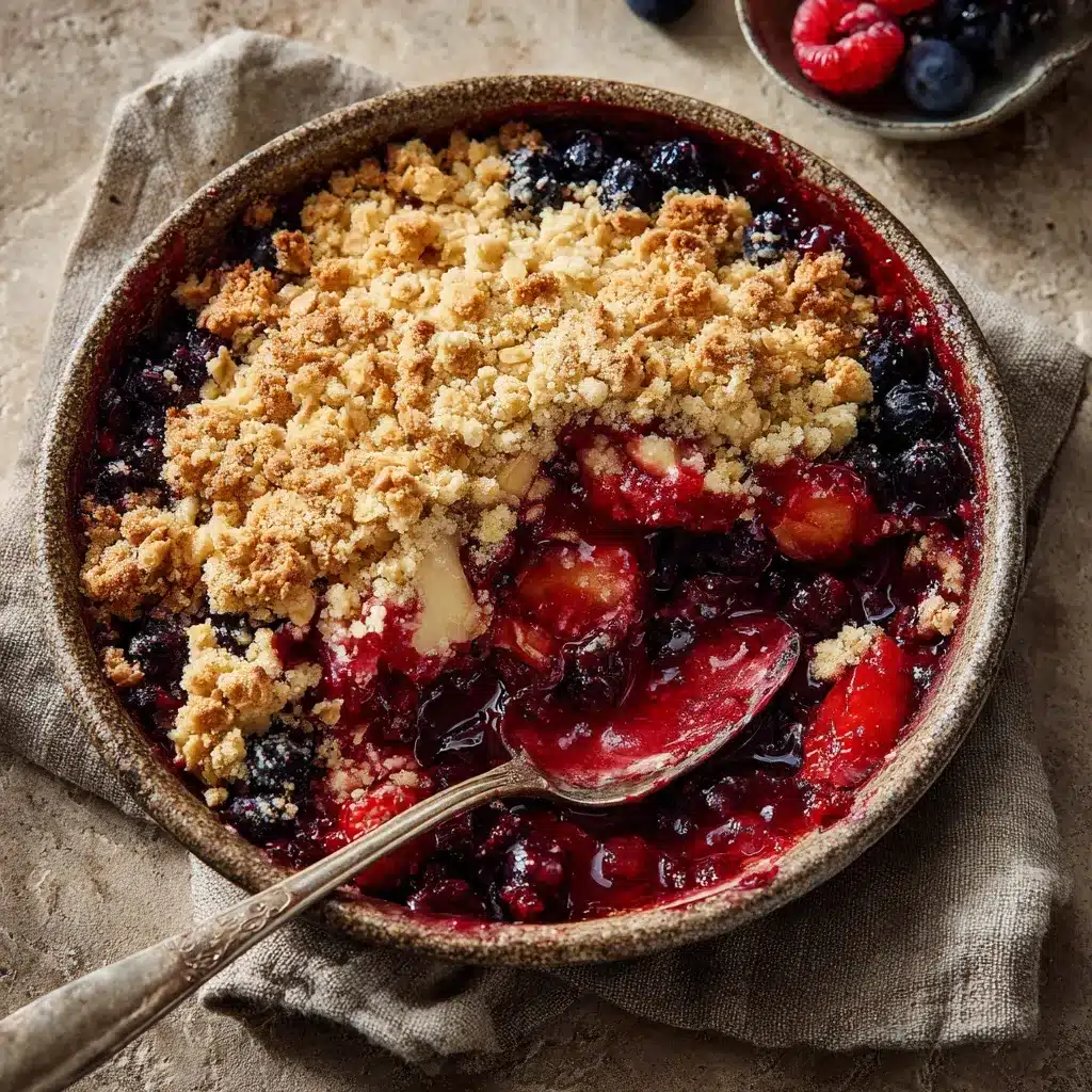 A spoonful of berry crumble being served from a rustic dish.