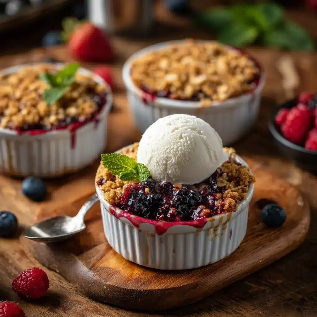 Berry crumble with a scoop taken out, showing jammy berry filling and golden topping.