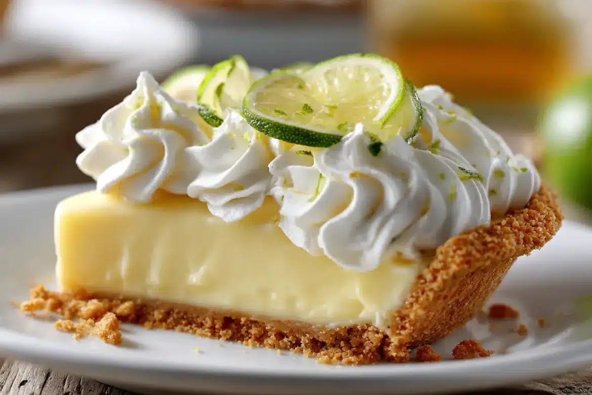 Creamy calamansi pie with graham crust, sliced open to reveal glossy, tangy yellow filling and whipped cream topping.