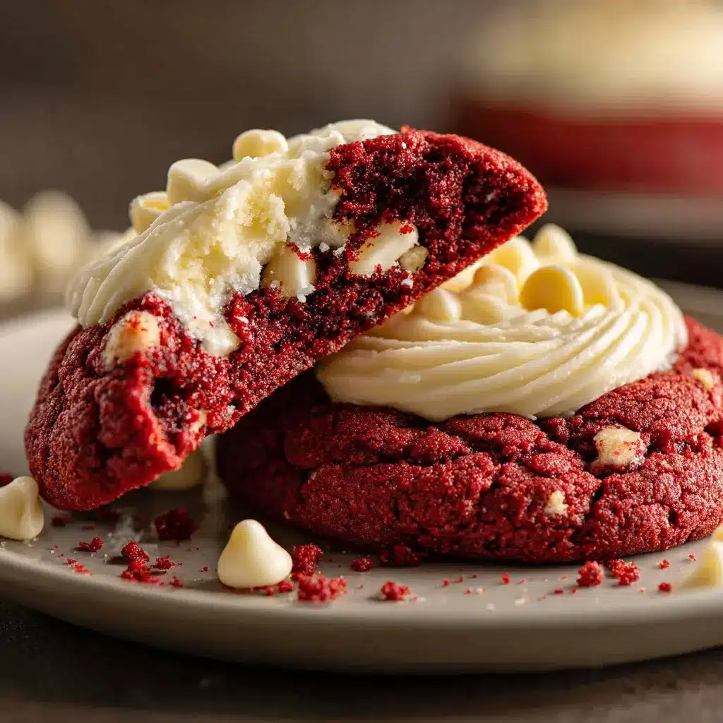 Thick Crumbl red velvet cookies with cream cheese frosting swirl and white chocolate chips on a white plate.