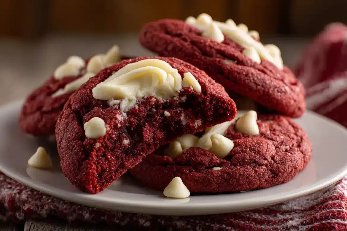 Stacked red velvet cookies with cream cheese frosting swirl on a rustic plate.