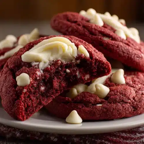Stacked red velvet cookies with cream cheese frosting swirl on a rustic plate.
