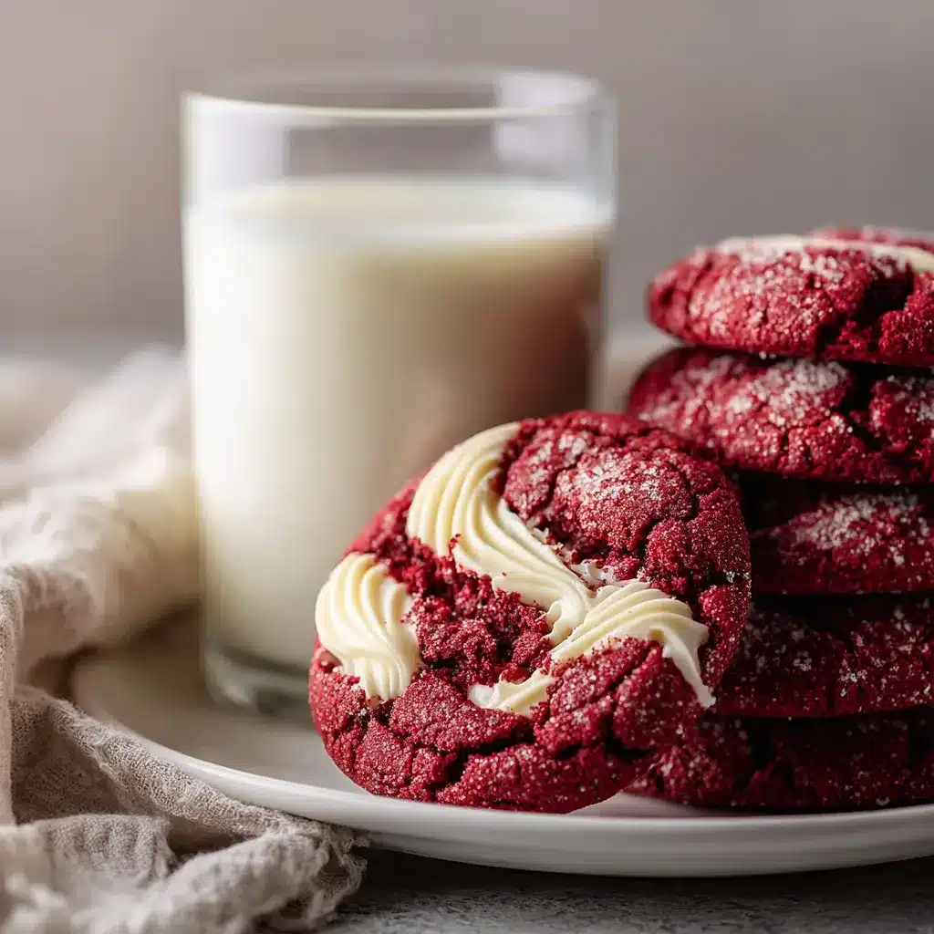 Red velvet cookie with cream cheese frosting served on a plate beside a glass of milk.