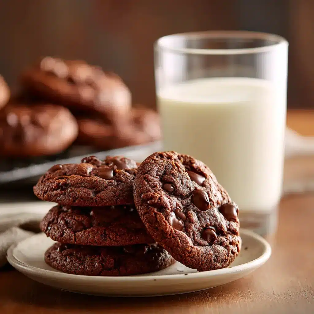 Double chocolate chip cookies on a plate with a glass of milk in the background.