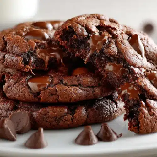 A stack of double chocolate chip cookies with melty chocolate chips and crispy edges on a white plate, photographed close up at an angle.
