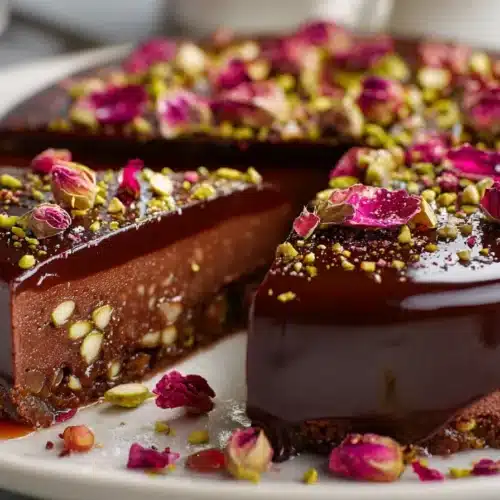 Stacked Dubai chocolate cheesecake bars with chocolate, pistachios, dates, and rose petals.