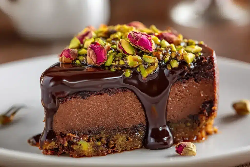 Whole Dubai chocolate cheesecake with ganache, pistachios, rose petals, and one slice pulled out.