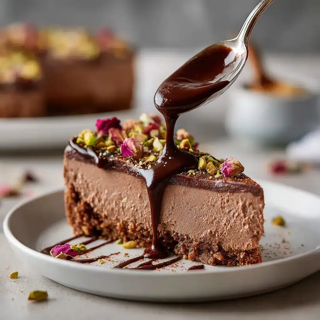 A beautiful slice of no bake Dubai chocolate cheesecake served on a plate with chocolate drizzle and pistachios.