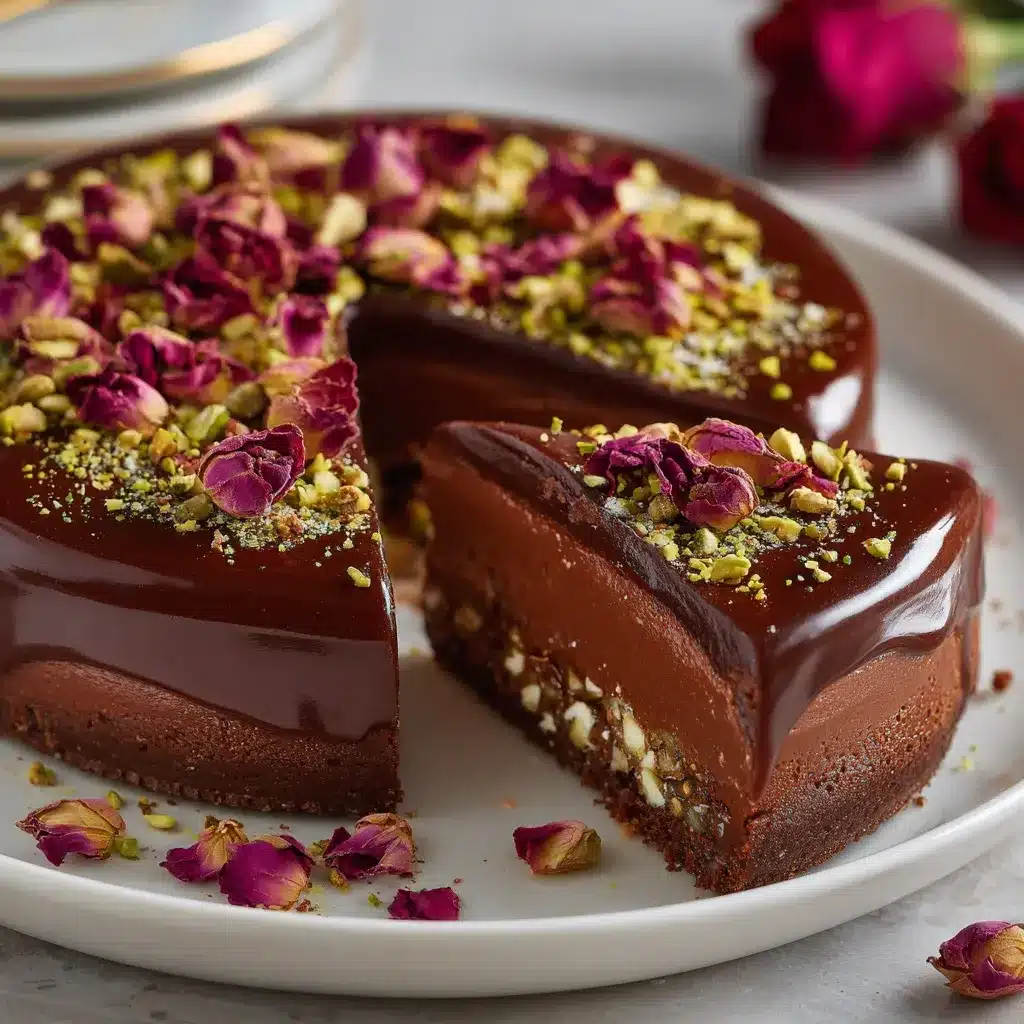 A rich Dubai chocolate cheesecake slice with glossy ganache, pistachios, and rose petals on top, showing creamy chocolate filling and chopped dates.