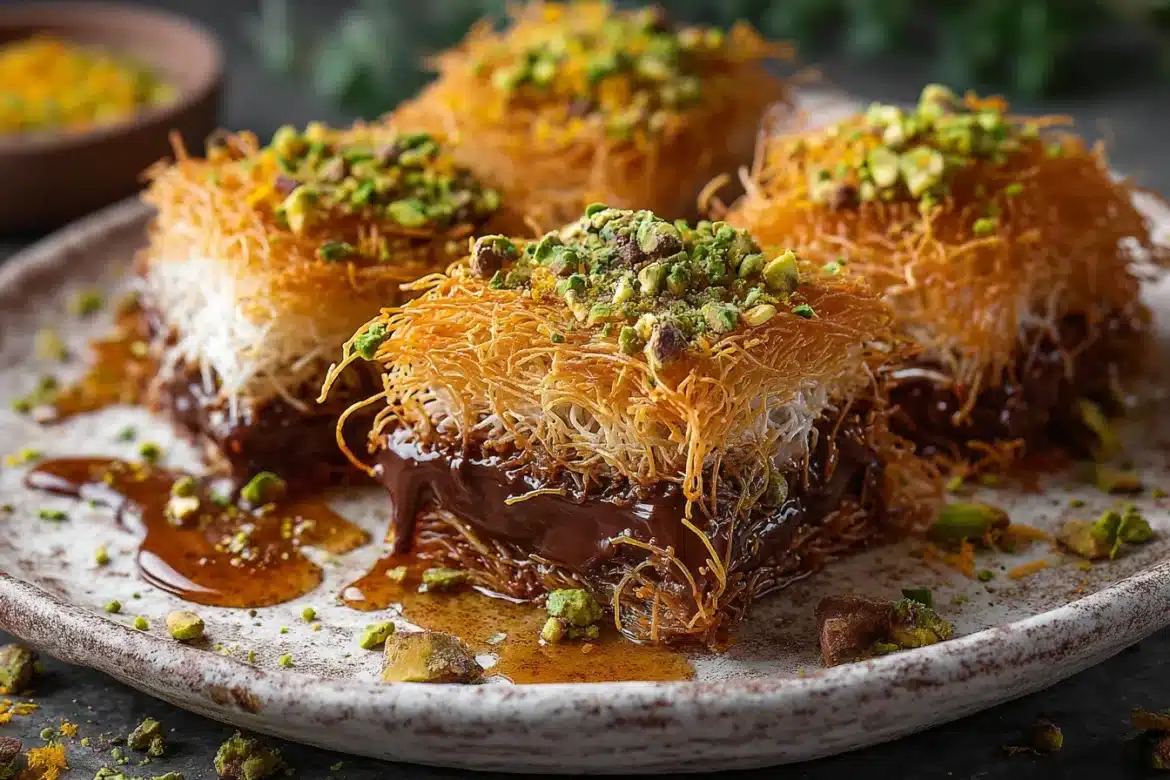 Close-up of Dubai chocolate kataifi bars with a gooey chocolate center, pistachios, coconut, and honey drizzle on a white plate.