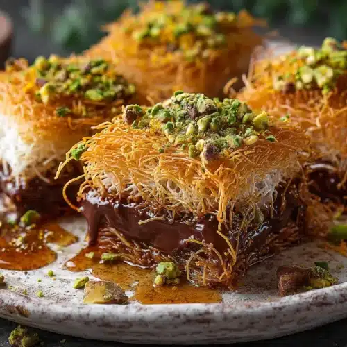 Close-up of Dubai chocolate kataifi bars with a gooey chocolate center, pistachios, coconut, and honey drizzle on a white plate.