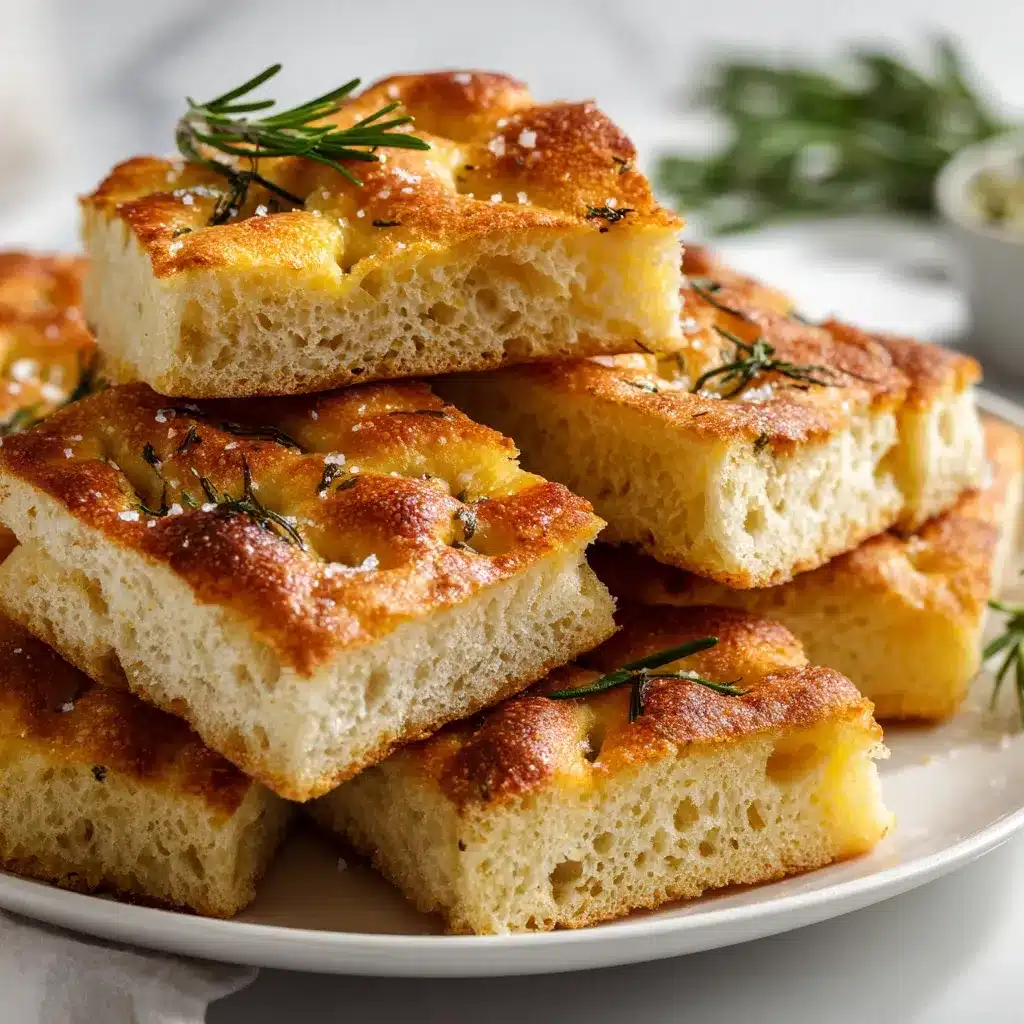 Stacked slices of golden sourdough focaccia bread with herbs and sea salt.