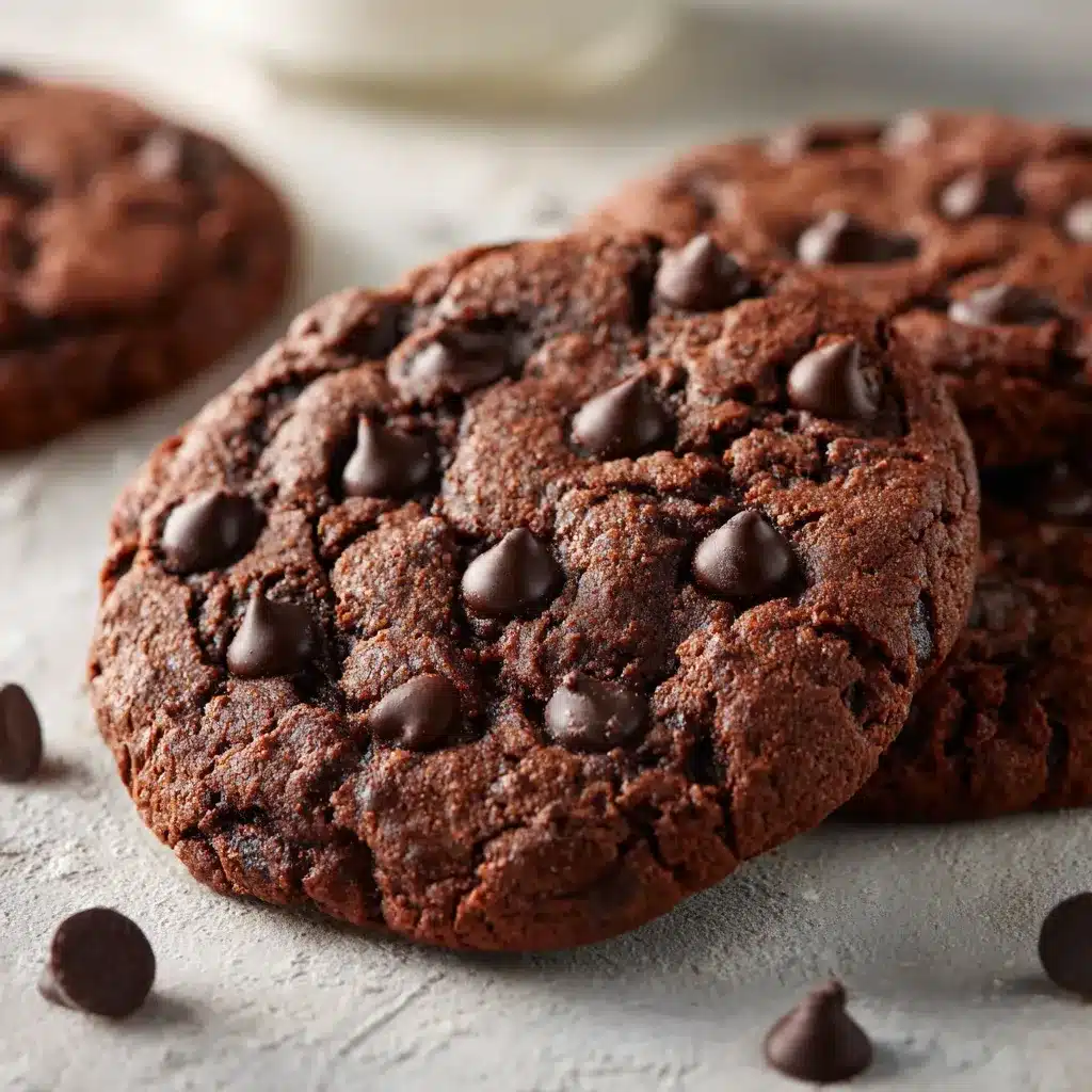 Stack of gooey double chocolate chip cookies with chocolate chips and a broken cookie showing the interior.