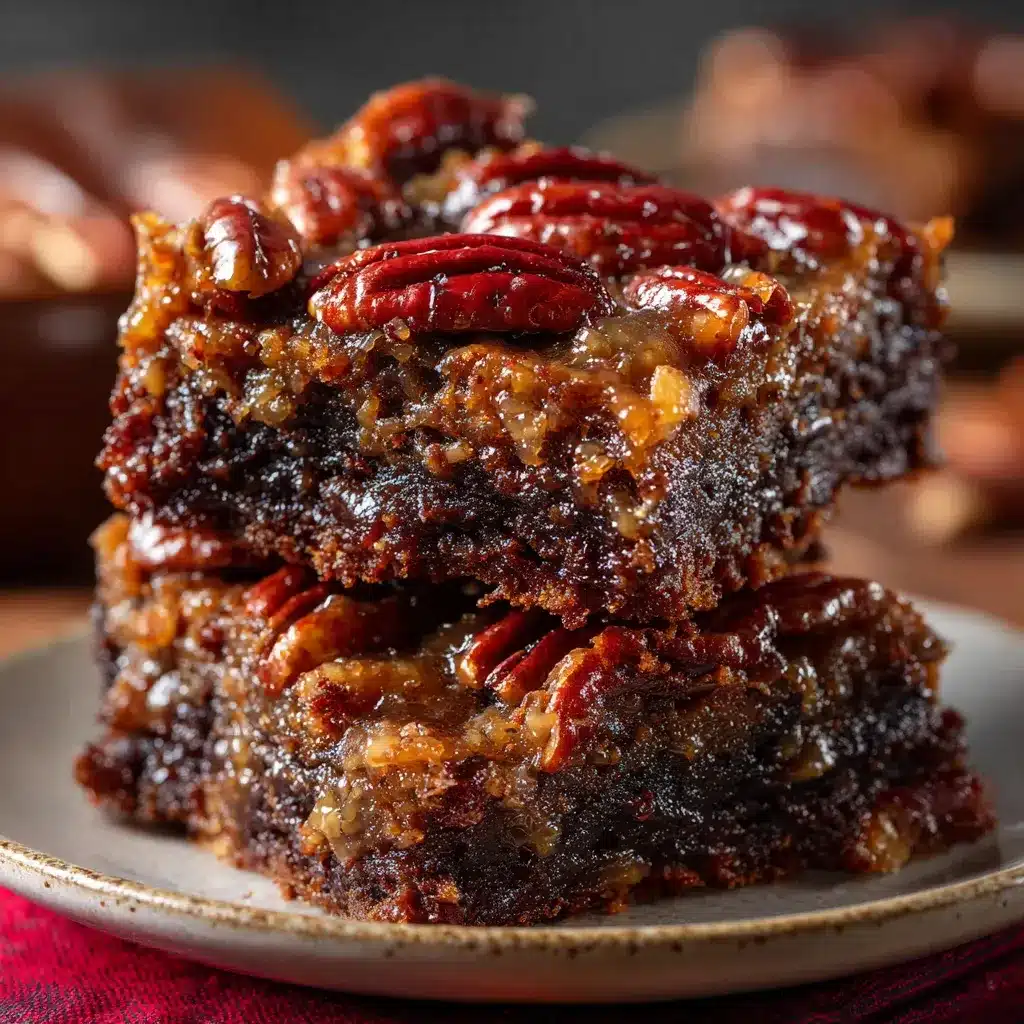 Stack of gooey pecan pie brownies with glossy caramelized topping and chocolate layers on a plate.