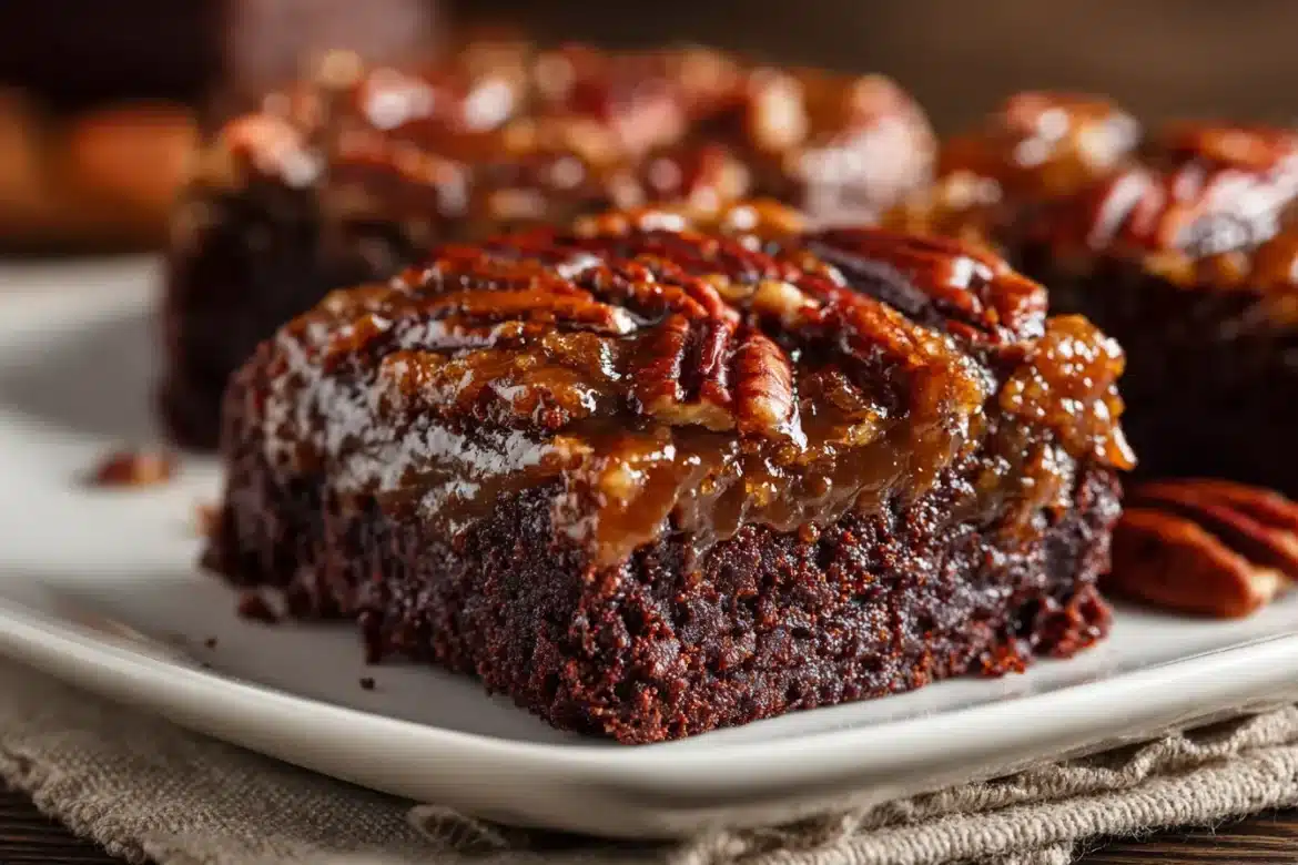 Close-up of gooey pecan pie brownies with a glossy pecan topping and fudgy chocolate base on a white plate.