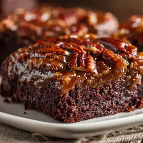 Close-up of gooey pecan pie brownies with a glossy pecan topping and fudgy chocolate base on a white plate.