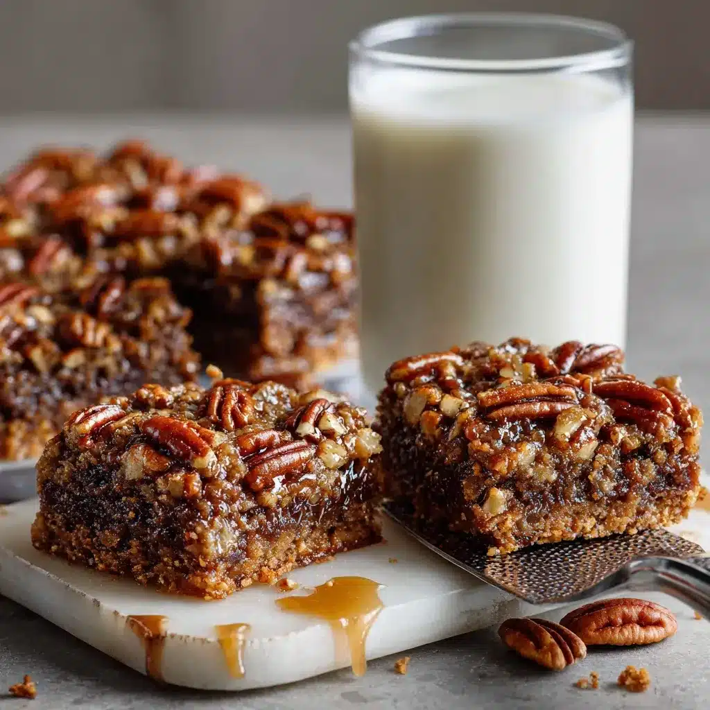 Stack of gooey pecan pie brownies with glossy pecan topping on a wood board.