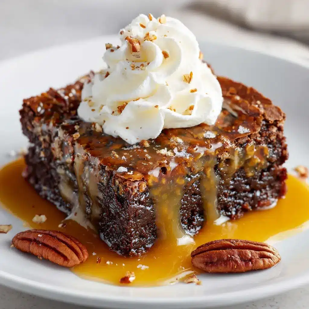 Single gooey pecan pie brownie with caramel drizzle and whipped cream on a white plate.