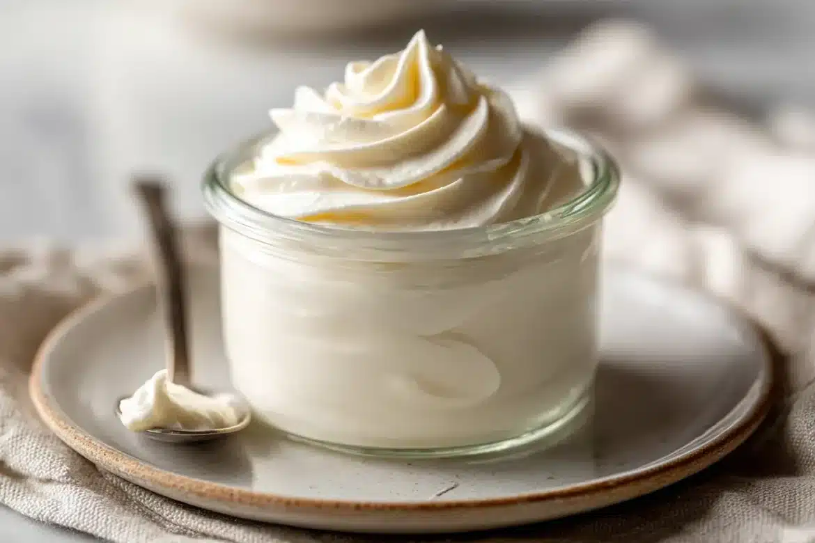 A glass jar of thick homemade sour cream with a silky swirl on top, on a white plate.