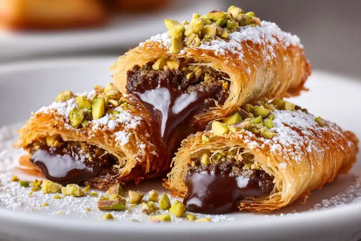 Kataifi chocolate bars stacked on a plate, topped with pistachios and powdered sugar, served with Turkish coffee and berries.