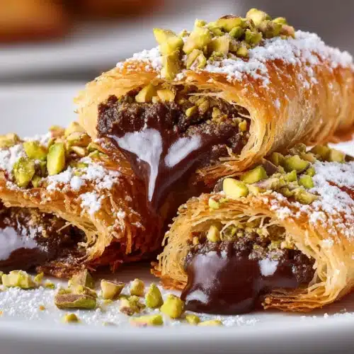 Kataifi chocolate bars stacked on a plate, topped with pistachios and powdered sugar, served with Turkish coffee and berries.