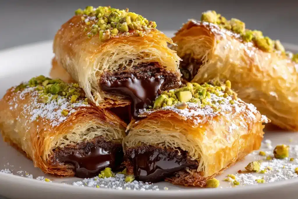 Flaky kataifi chocolate bars cut to reveal gooey chocolate filling, stacked on a white plate and topped with pistachios and powdered sugar.