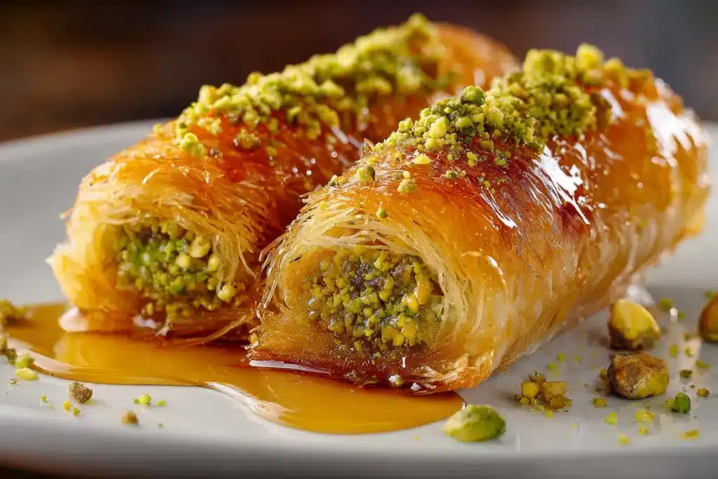 Golden kataifi pastry rolls filled with pistachios and drizzled with syrup, shown close up on a white plate.