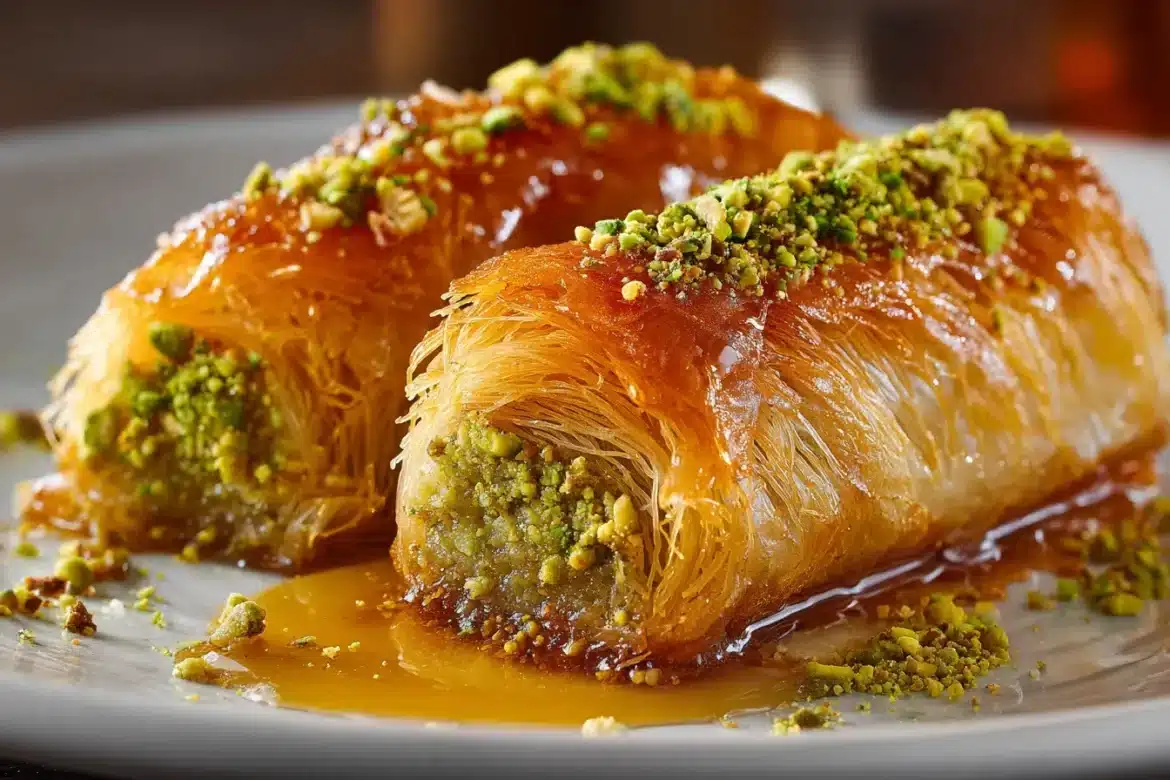 A slice of kataifi with pistachios being served from a white plate.