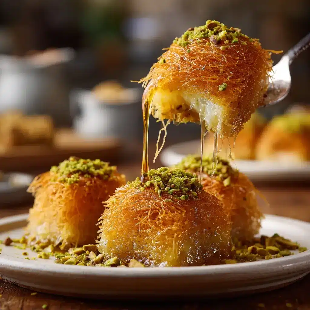 Whole kataifi log with pistachios and syrup, sprinkled with extra nuts.