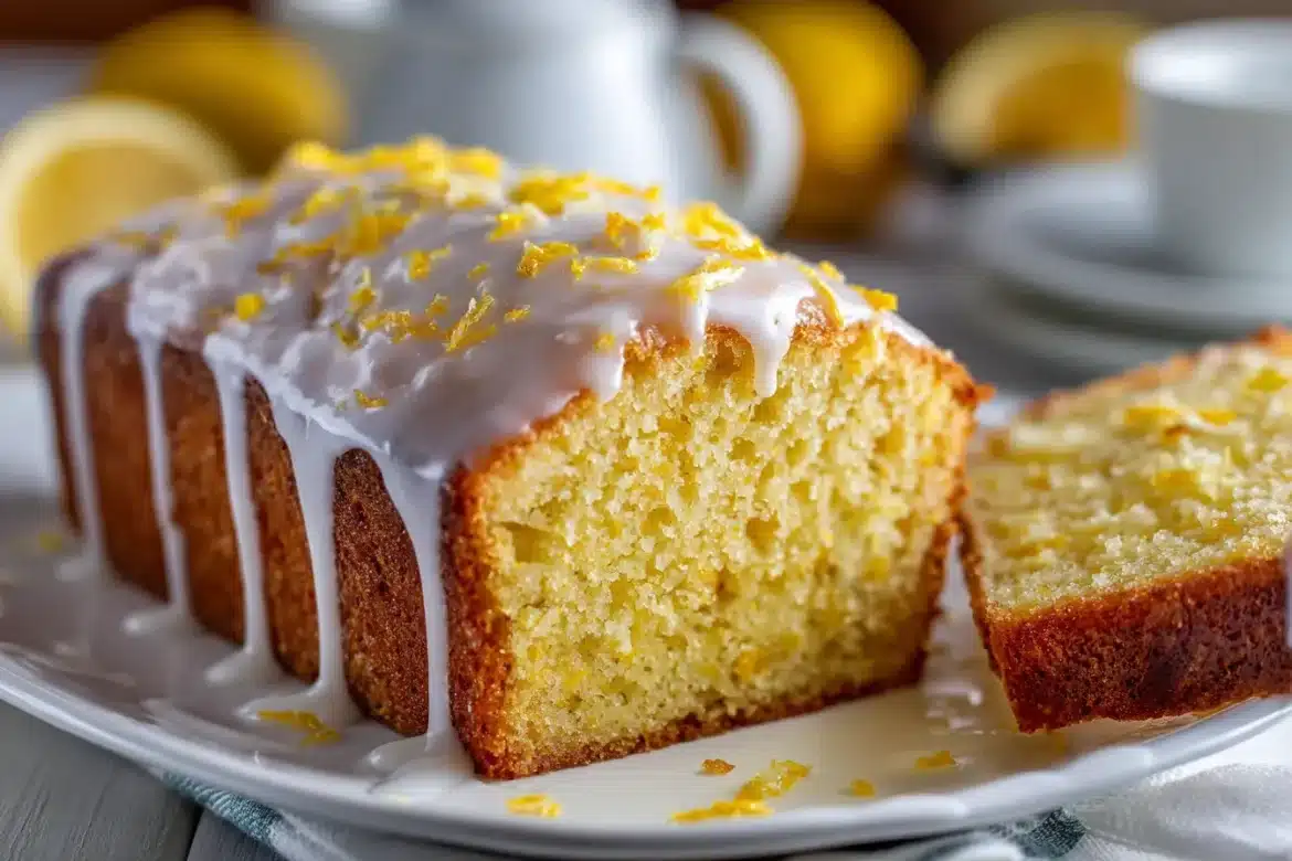 Thick slices of lemon loaf cake with lemon glaze, fresh zest, and raspberries on a rustic board