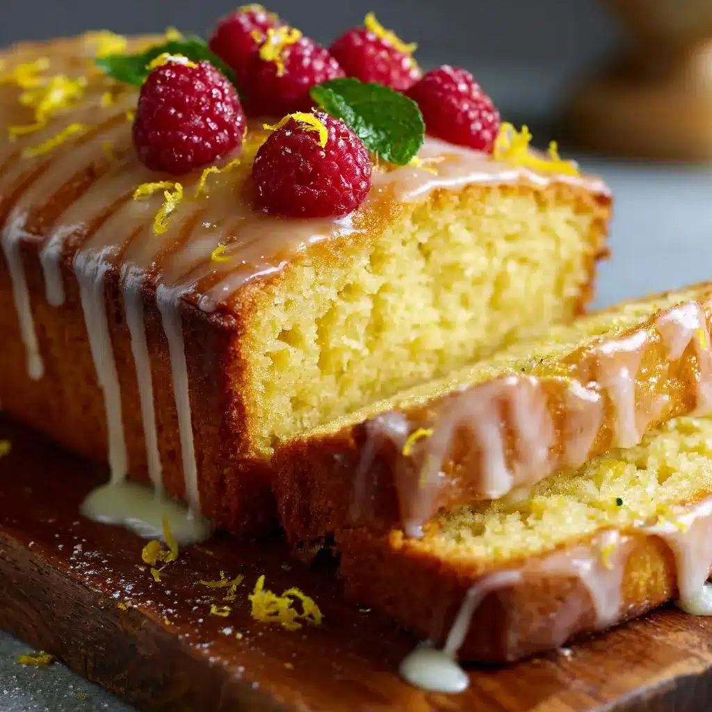 Whole lemon loaf cake with lemon glaze and a single slice cut out, garnished with zest and edible flowers.