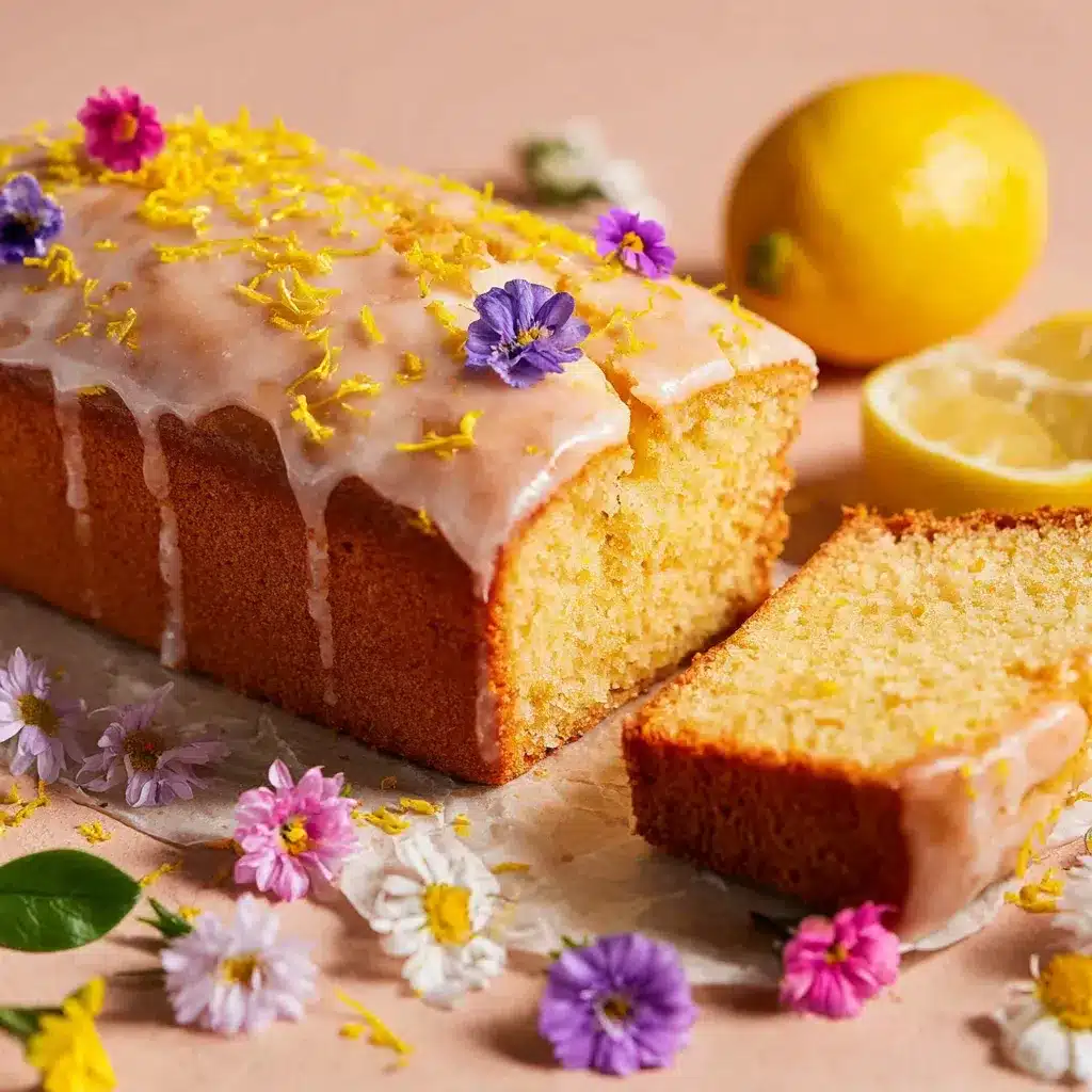 Sliced lemon loaf cake with lemon glaze and berries, served with tea.