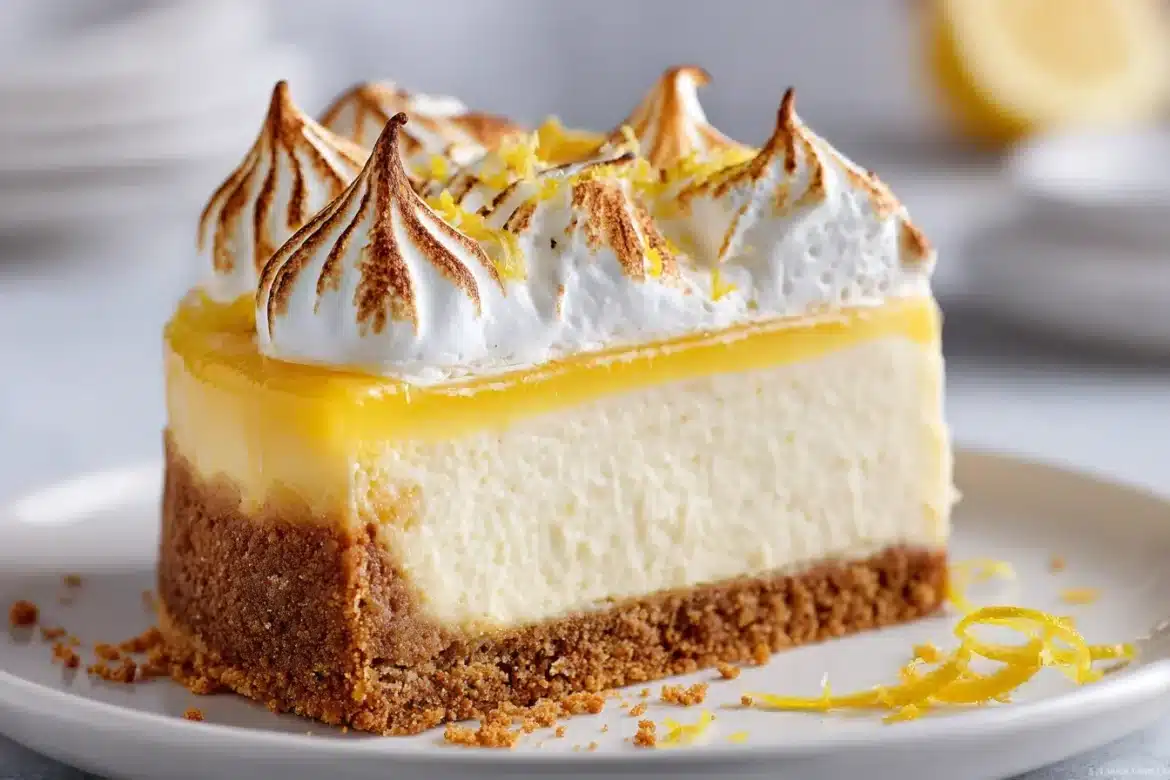 Lemon meringue cheesecake slice with toasted meringue, lemon curd, and graham crust on a white plate.