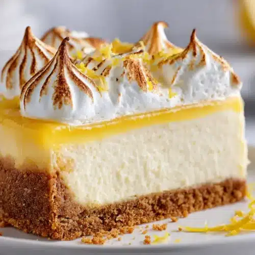 Lemon meringue cheesecake slice with toasted meringue, lemon curd, and graham crust on a white plate.