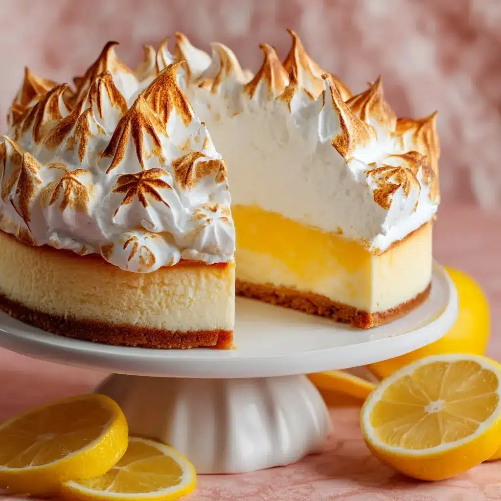 Lemon meringue cheesecake with tall toasted meringue peaks and lemon slices on the side