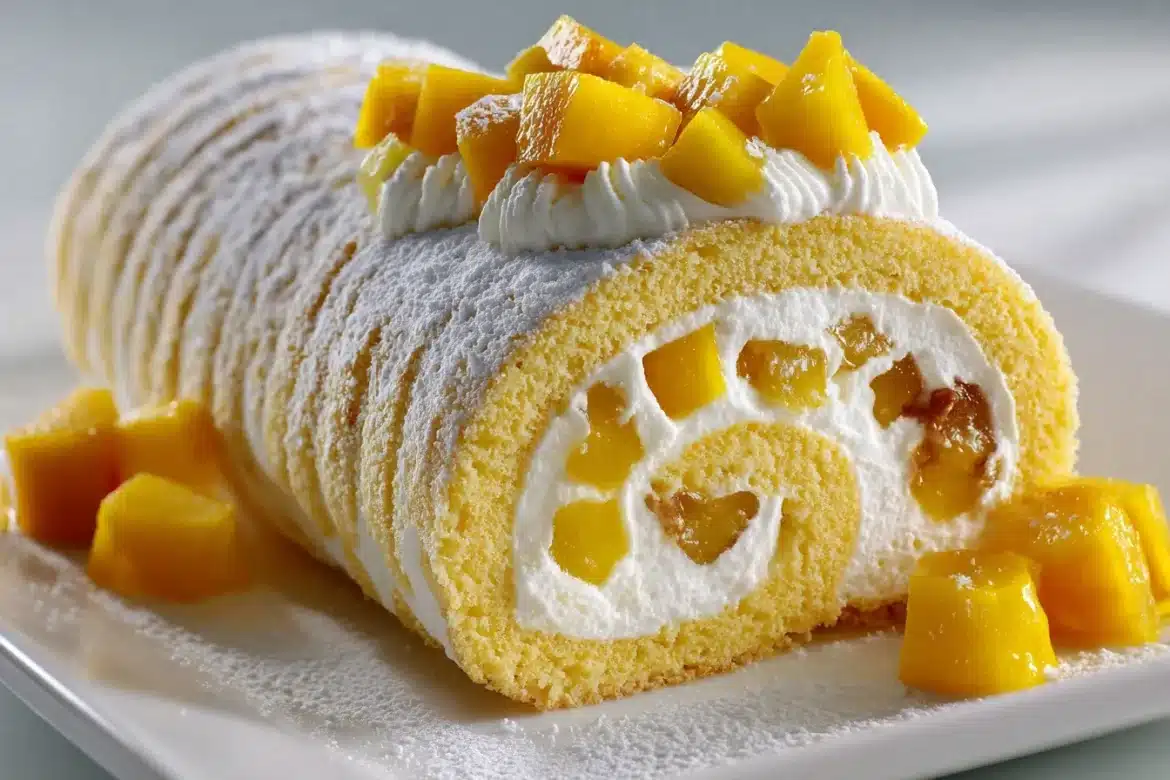 A close-up of mango Chantilly Swiss roll cake sliced open, showing a spiral of sponge, Chantilly cream, and mango pieces on a white plate.
