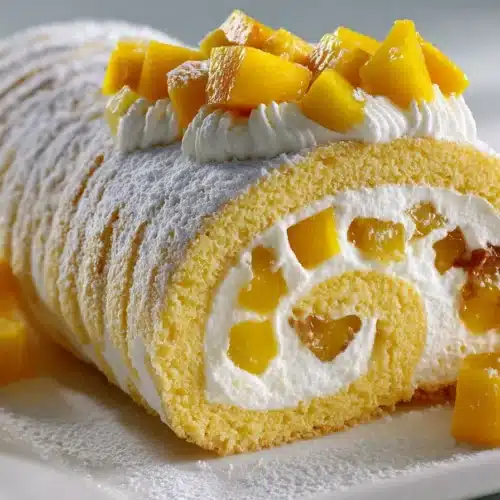 A close-up of mango Chantilly Swiss roll cake sliced open, showing a spiral of sponge, Chantilly cream, and mango pieces on a white plate.
