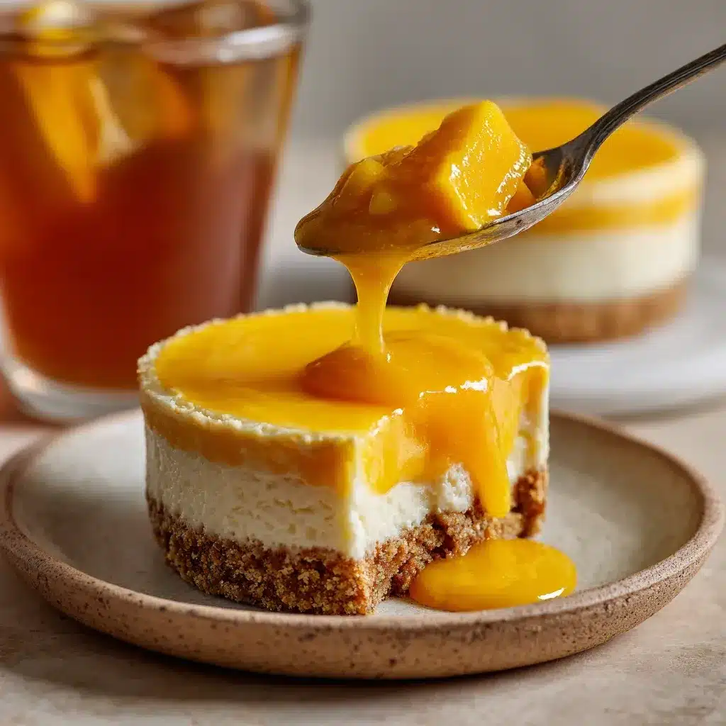 Mango cheesecake cup served with a spoonful taken out, showing creamy layers.