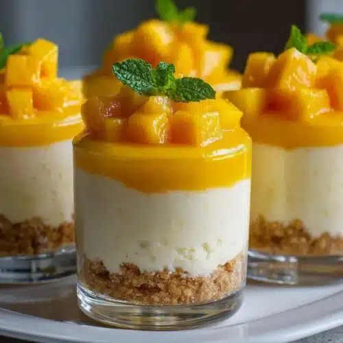 Close-up of mango cheesecake cups with biscuit base, creamy cheesecake layer, and bright mango puree, garnished with diced mango and mint.