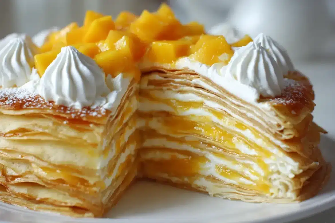 A mango crepe cake sliced open to reveal thin crepe layers with whipped cream and fresh mango, topped with more mango and cream.