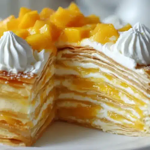 A mango crepe cake sliced open to reveal thin crepe layers with whipped cream and fresh mango, topped with more mango and cream.